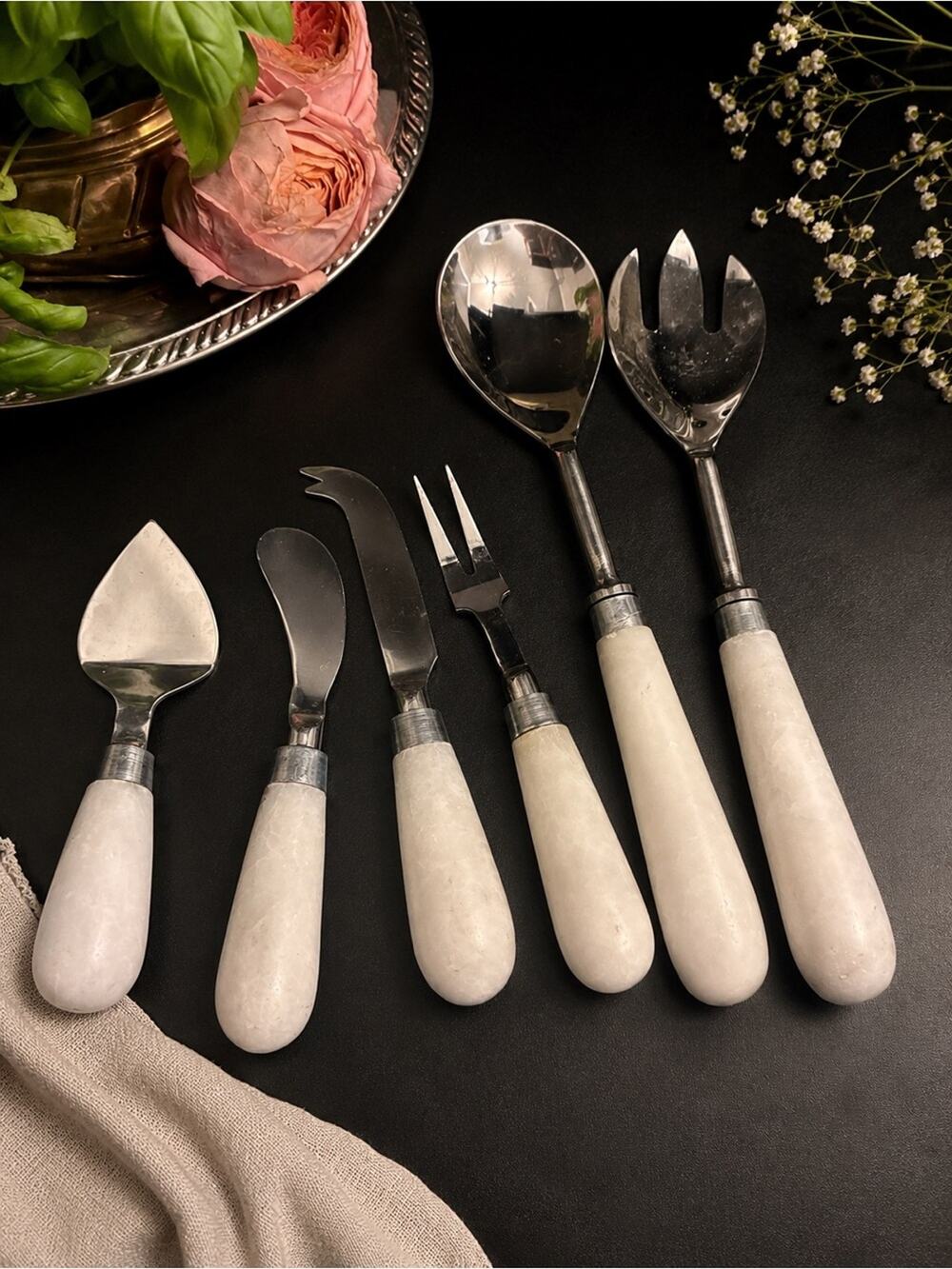 Vintage Alabaster Cheese Knife & Salad Serving Set | Quiet Luxury Grandmillenial